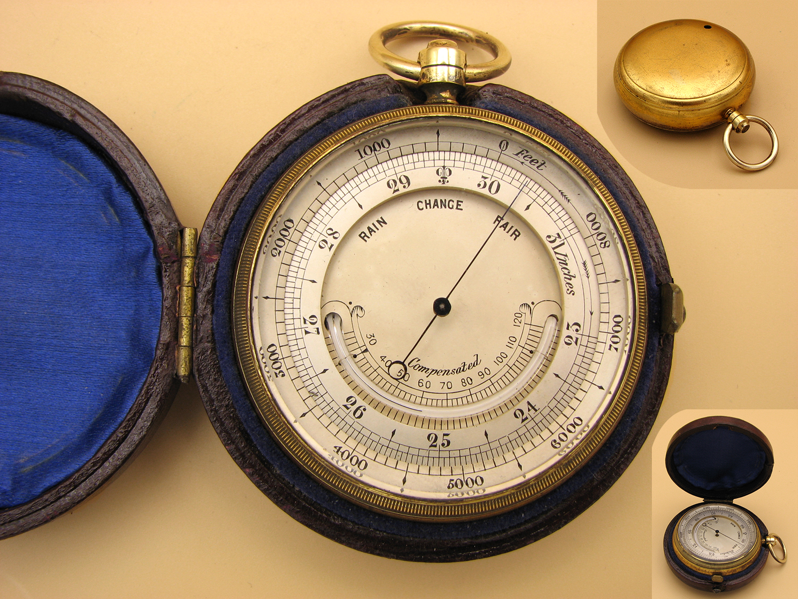 Late 19th century pocket barometer with curved thermometer in outer case